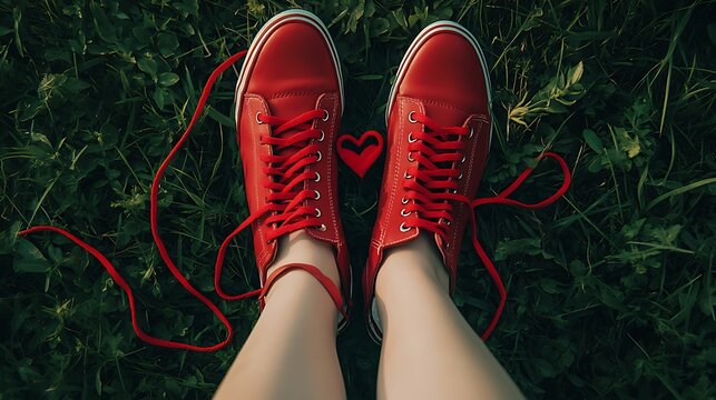 Red Sneakers on Grass with Heart Casual Style, Outdoor Fashion, Valentine's Day Vibes - Powered by Adobe