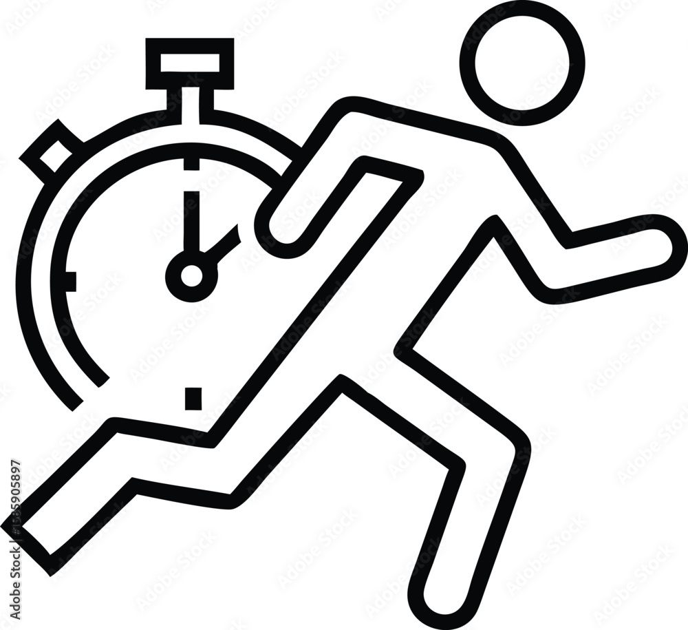 Poster running stick figure with stopwatch icon in simple line art style