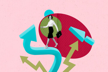 Collage of successful person near large rising arrow or stats symbolizing financial growth business...