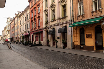 Colorful old European street with ornate facades, cobblestone road, and decorative plants in front of cafes and shops, captured in soft daylight