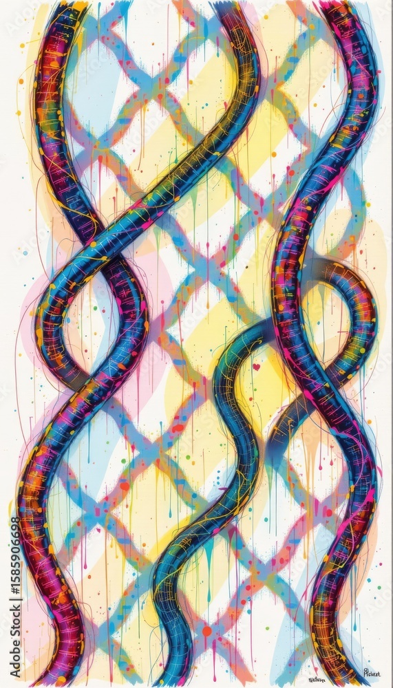 Poster colorful abstract interlocking forms with textured background