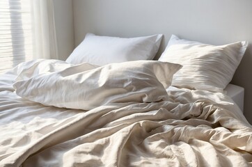 A bed with two white pillows and a white comforter