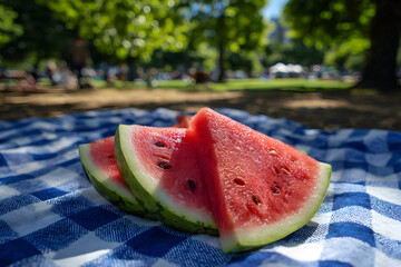 Freshly Sliced Watermelon On Blue And White Checkered Picnic Blanket In Summer Park