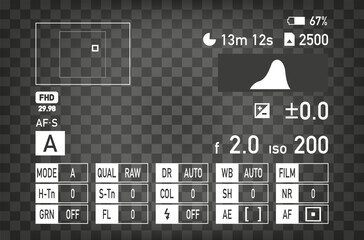 Digital camera user interface showing viewfinder, exposure settings, histogram, autofocus, battery, and recording details on a transparent background. Vector