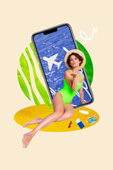 Composite image montage trend 3D collage of young lady sexy swimsuit sit kiss phone display plane...