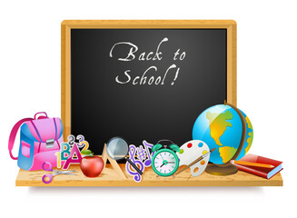 Colorful back to school concept illustration of a blackboard with the handwritten "Back to School!" and educational items, ideal for education, school-themed promotions, or learning materials.
