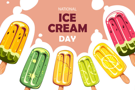 National Ice Cream Day. Popsicle background. Fruit ice cream banner. Vector illustration.