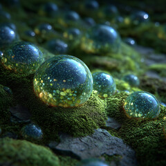 Sea foam bubbles on moss, a combination of moisture and organic matter.