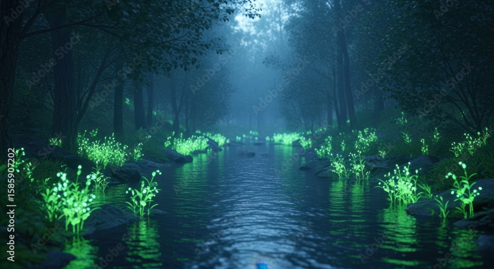 Poster bioluminescent flora illuminating a river winds through a mystical forest at night, creating an ench