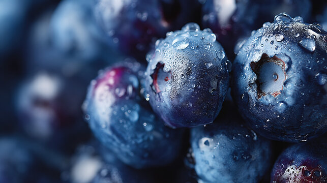 Freshly washed blueberries covered in glistening water droplets, extreme close-up
