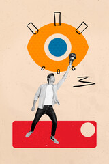 Collage of person standing under symbolic eye representing control surveillance spying manipulation...