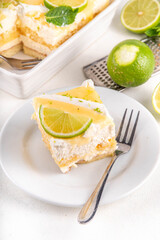 Summer mojito tiramisu dessert, Lime and mint sweet sour taste version of summer tiramisu cake with fresh citrus curd, mascarpone and savoyardi