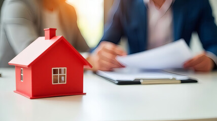 Fototapeta premium Red House Model on Desk, Real Estate, Business Meeting