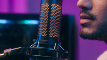 Arabian Latino Indian man holding microphone mic record podcast sound prepare for streaming...