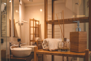 Close-up of a wooden bathroom shelf with a rolled towel, bamboo soap dispenser, and reed diffuser....