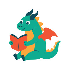 Obraz premium doodle style dragon reading storybook on white