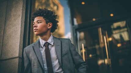 young black African American teenager boy in business attire look smart and confident at city street 