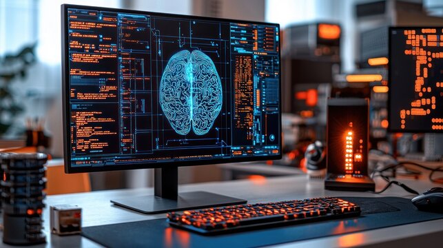 Modern workspace with monitor displaying brain scan