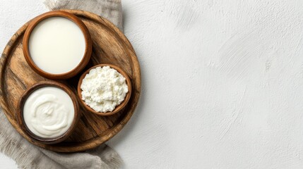 Dairy Flat Lay With Milk and Yogurt in Bowls on White-Themed Background &ndash; Natural Wooden Tray and Bright Light