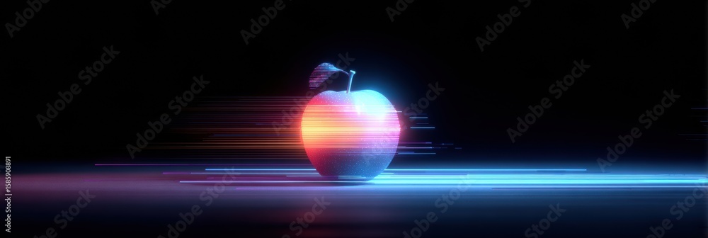 Poster neon apple with glitch effects in a cyberpunk style set against an empty dark background