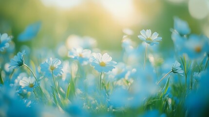 beautiful white grass flower blossoming field with bokeh light dreamy atmosphere spring time	
