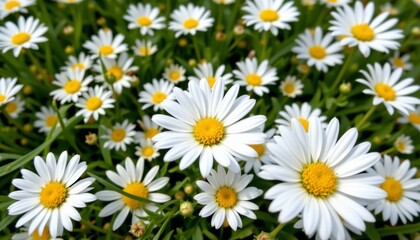 Fototapeta premium Close up of numerous white daisies with yellow centers bloom amidst lush green foliage