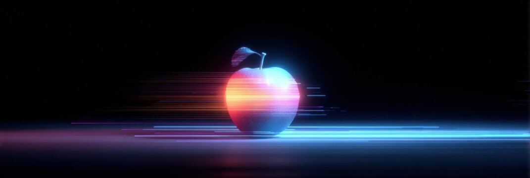 Neon Apple With Glitch Effects in a Cyberpunk Style Set Against an Empty Dark Background - Powered by Adobe