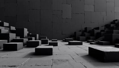 Monochromatic abstract arrangement of dark gray stone blocks and textured walls