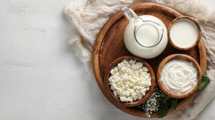 Dairy-Themed Breakfast Setup With Wooden Tray Holding Milk and Yogurt on White Background – Top View With Clean Minimal Style
