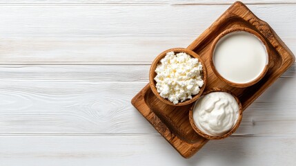 Top-Down Flat Lay of Wooden Tray With Dairy Products – Milk and Yogurt in Bowls on White Background With Empty Copy Space and Clean Aesthetic