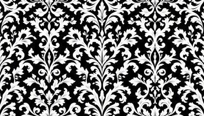 Intricate white floral damask pattern on a black background repeating symmetrical design