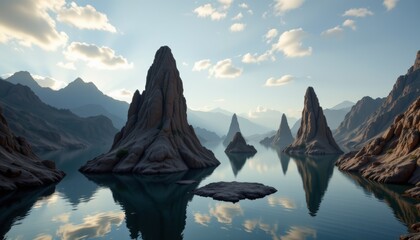 Jagged rock formations rise from calm water surrounded by misty mountains under a cloudy sky