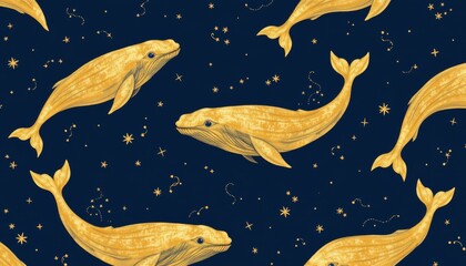 Yellow whales and constellations float across a dark blue cosmic background seamless pattern