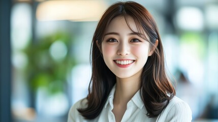 Fototapeta premium smiling young Asian woman wearing business attire at modern office 