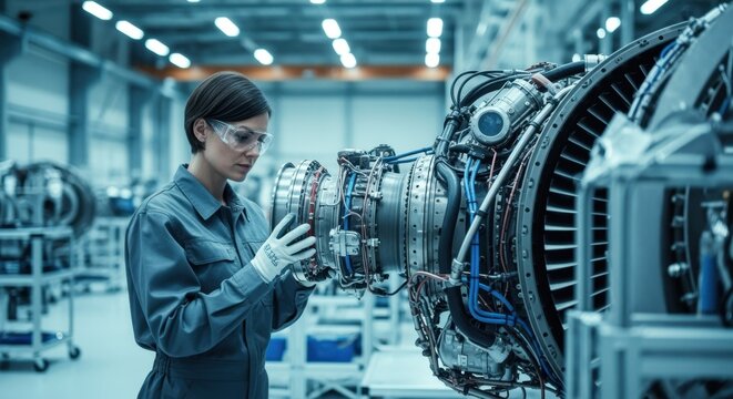 Industrial aerospace factory with female technician performing detailed engineering tasks
