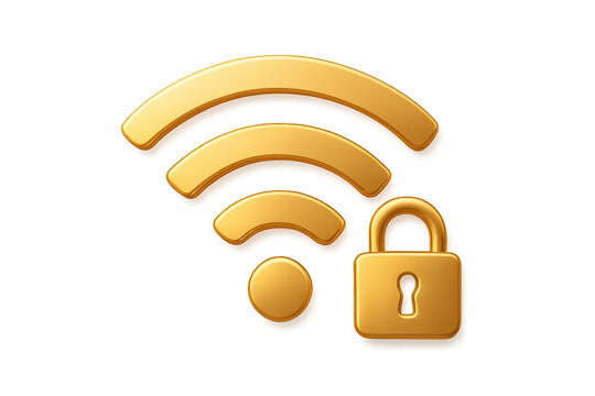Golden wifi symbol with closed padlock representing secure internet connection on transparent background