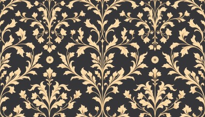 Repeating golden floral damask pattern on a dark grey background classic ornamental design
