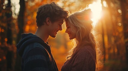 Fototapeta premium romantic scene of a young love couple cuddle, head touch couple romantic scene at outdoor autumn park nature landscape 