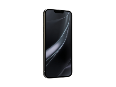 Sleek silver smartphone displaying abstract dark gray and white fluid design technology screen, Isolated, Transparent Png