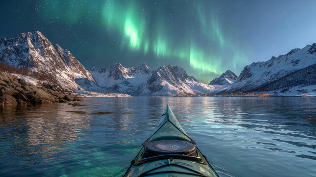 Expedition in a peaceful kayak gliding over icy waters, surrounded by towering snow-capped mountains. The mesmerizing northern lights dance overhead in a starry night sky - Powered by Adobe