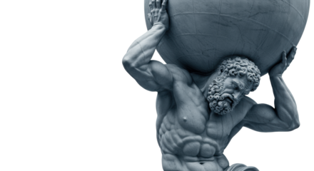 Ancient Greek mythological statue of a powerful muscular bearded male like Atlas/Hercules, straining under world sphere, pained, determined, white marble on clean white studio background with copy