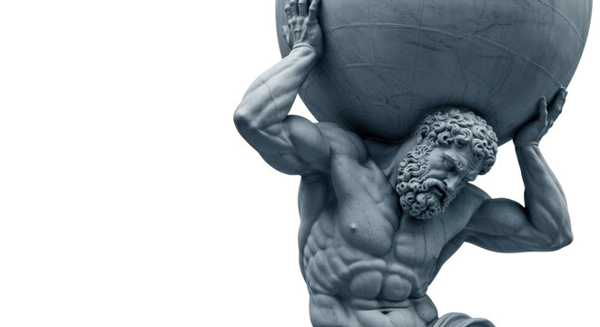 Ancient Greek mythological statue of a powerful muscular bearded male like Atlas/Hercules, straining under world sphere, pained, determined, white marble on clean white studio background with copy