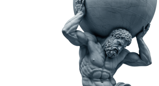 Ancient Greek mythological statue of a powerful muscular bearded male like Atlas/Hercules, straining under world sphere, pained, determined, white marble on clean white studio background with copy