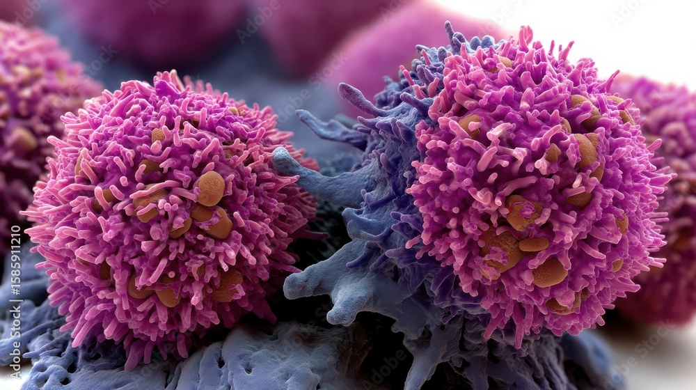 Poster highly detailed electron microscope image of leukemia cells showing irregular surface texture and st