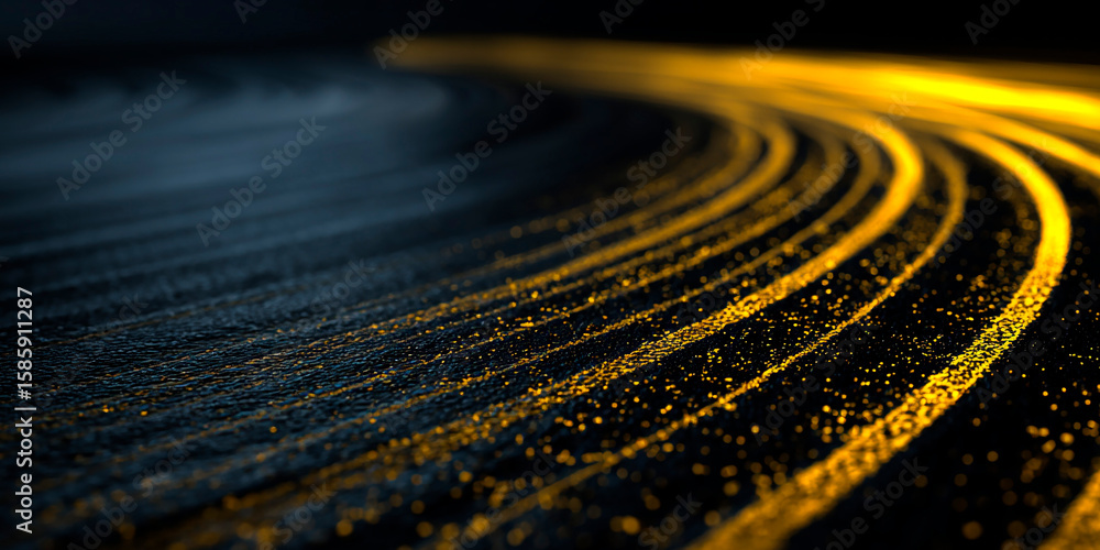 Poster curved yellow tire skid marks on a dark textured asphalt surface with glowing particles and dramatic