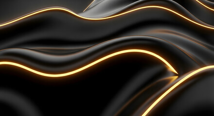 Abstract golden background with soft flowing blue silk waves and a luxurious dark textile pattern