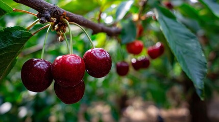 Obraz premium beautiful red ripe cheery hanging down on it fruitful tree 