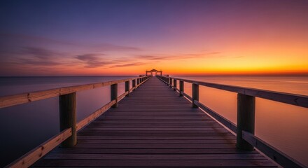 A long wooden pier stretches into the ocean under a vibrant, colorful sunset sky.