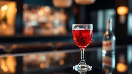 Close-up of a Kir Royale cocktail with condensation on the flute, sitting on a reflective glass table, blurred bar background with soft lighting