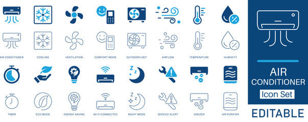 Air conditioner icon set. Includes cooling, temperature, ventilation, airflow, eco mode, humidity, timer, purifier, energy-saving symbols.  Editable line and solid Icons set collection.
